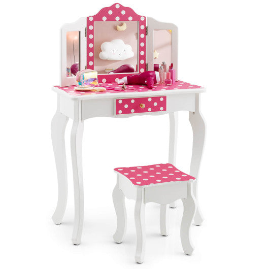Kids Vanity Table and Stool Set with Cute Polka Dot Print-Pink
