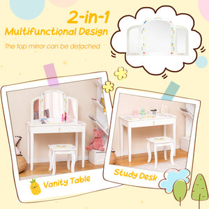Kids Vanity Table Set with Tri-Folding Mirror and Large Drawer-White