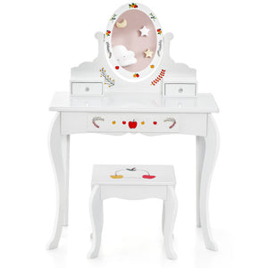 Kids Vanity and Stool Set with 360° Rotatable Mirror and Whiteboard-White
