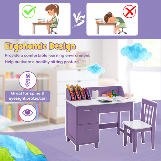 Kids Wooden Writing Furniture Set with Drawer and Storage Cabinet-Purple