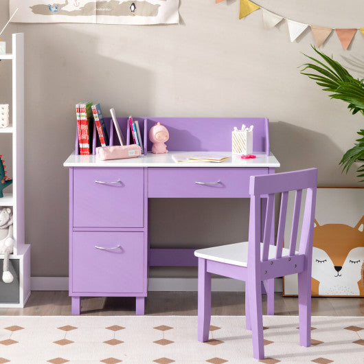 Kids Wooden Writing Furniture Set with Drawer and Storage Cabinet-Purple