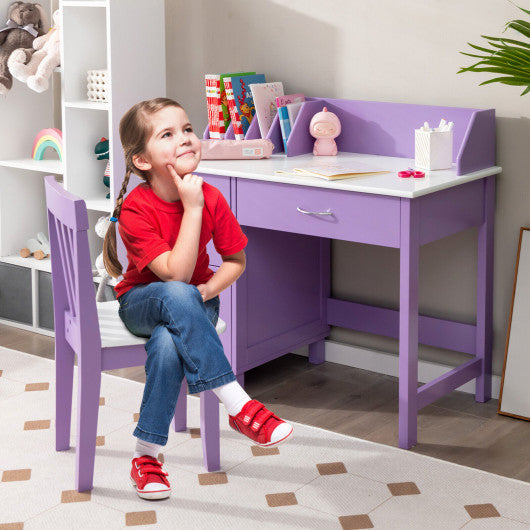 Kids Wooden Writing Furniture Set with Drawer and Storage Cabinet-Purple