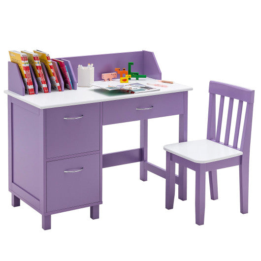 Kids Wooden Writing Furniture Set with Drawer and Storage Cabinet-Purple