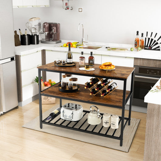 3 Shelves Kitchen Island Industrial Prep Table with Bottom Wine Rack-Rustic Brown