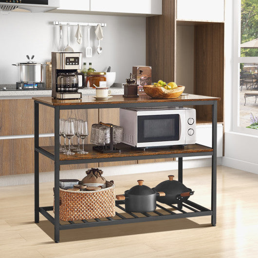3 Shelves Kitchen Island Industrial Prep Table with Bottom Wine Rack-Rustic Brown