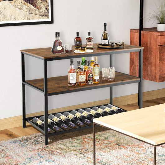 3 Shelves Kitchen Island Industrial Prep Table with Bottom Wine Rack-Rustic Brown