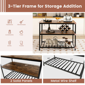 3 Shelves Kitchen Island Industrial Prep Table with Bottom Wine Rack-Rustic Brown
