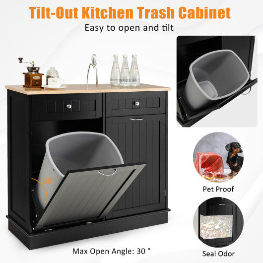 Rubber Wood Kitchen Trash Cabinet with Single Trash Can Holder and Adjustable Shelf-Black