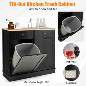 Rubber Wood Kitchen Trash Cabinet with Single Trash Can Holder and Adjustable Shelf-Black