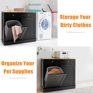 Rubber Wood Kitchen Trash Cabinet with Single Trash Can Holder and Adjustable Shelf-Black