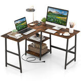 L Shaped Corner Computer Desk with Storage Shelves-Brown