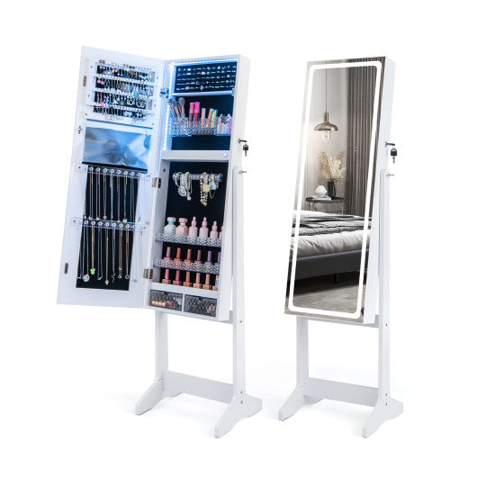 Lockable Jewelry Armoire Standing Cabinet with Lighted Full-Length Mirror-White