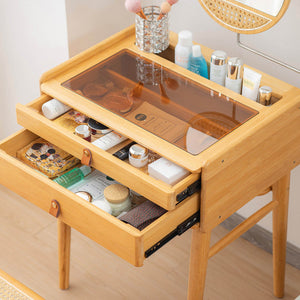 Bamboo Makeup Vanity Table with Stool and Rotating Mirror
