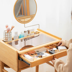 Bamboo Makeup Vanity Table with Stool and Rotating Mirror