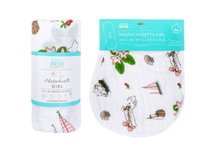 Gift Set: Massachusetts Girl Baby Muslin Swaddle Blanket and Burp Cloth/Bib Combo by Little Hometown