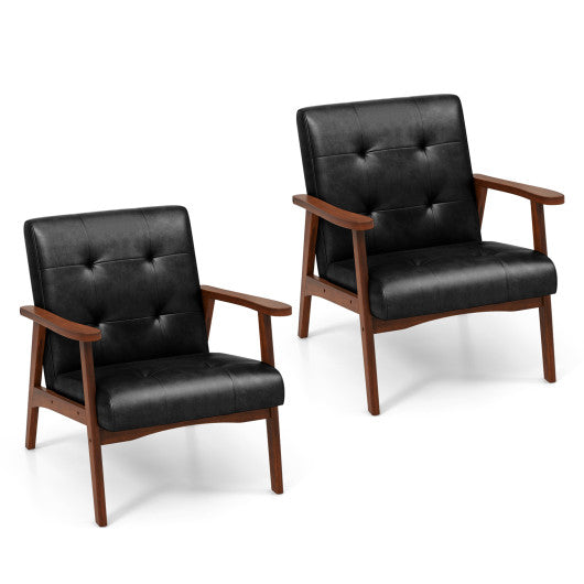 Mid Century Modern Accent Chair with Solid Rubber Wood Frame and Leather Cover-Brown