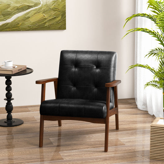 Mid Century Modern Accent Chair with Solid Rubber Wood Frame and Leather Cover-Brown