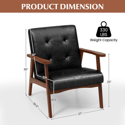 Mid Century Modern Accent Chair with Solid Rubber Wood Frame and Leather Cover-Brown