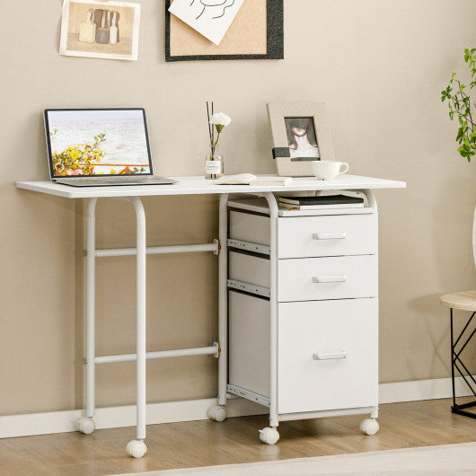 Home Office Folding Computer Laptop Desk Wheeled with 3 Drawers-White