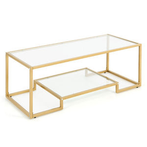 Modern 2-Tier Rectangular Coffee Table with Glass Table Top-Golden