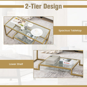 Modern 2-Tier Rectangular Coffee Table with Glass Table Top-Golden