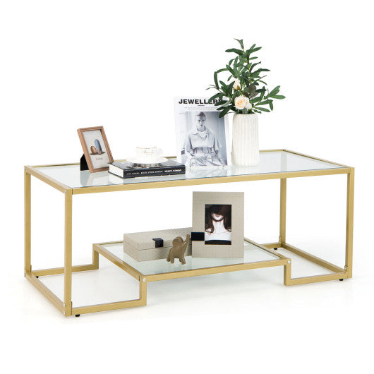 Modern 2-Tier Rectangular Coffee Table with Glass Table Top-Golden