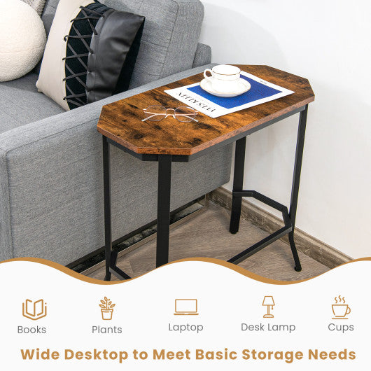 Narrow End Table with Rustic Wood Grain and Stable Steel Frame-Rustic Brown