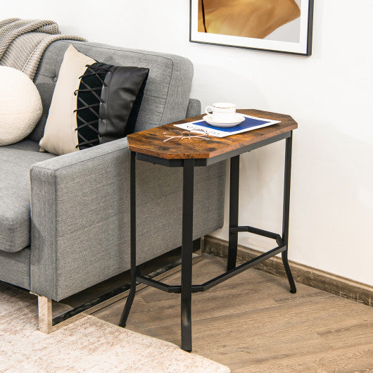 Narrow End Table with Rustic Wood Grain and Stable Steel Frame-Rustic Brown