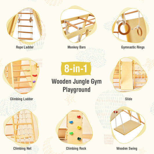 8-in-1 Wooden Jungle Gym Playset with Monkey Bars-Natural