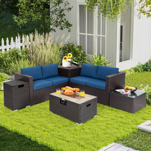 6 Pieces Outdoor Wicker Furniture Set with 32 Inch Propane Fire Pit Table-Navy