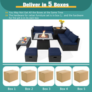 9 Pieces Outdoor Wicker Sectional with 35 Inch Gas Fire Pit Table-Navy