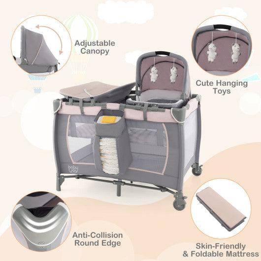4-in-1 Convertible Portable Baby Playard Newborn Napper with Music and Toys-Gray