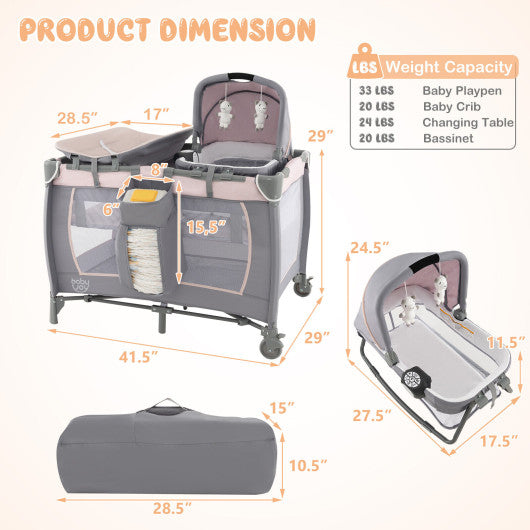 4-in-1 Convertible Portable Baby Playard Newborn Napper with Music and Toys-Gray