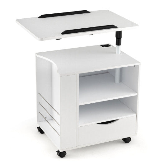 Nightstand Bedside Table Swivel Laptop Tray with Charging Station and LED Lights-White