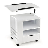 Nightstand Bedside Table Swivel Laptop Tray with Charging Station and LED Lights-White