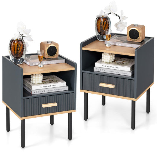 Nightstand Bedside End Table with Drawer and Open Shelf for Living Room Bedroom-Gray