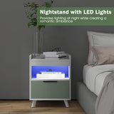 Modern Nightstand with LED Lights Sliding Drawer and Open Compartment-White