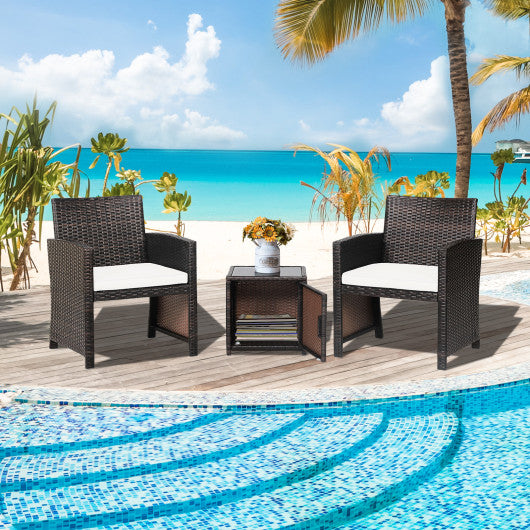 3 Pieces Patio Wicker Furniture Set with Storage Table and Protective Cover-Off White