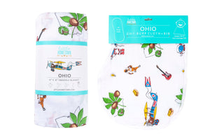 Gift Set: Ohio Baby Muslin Swaddle Receiving Blanket and Burp Cloth / Bib Combo by Little Hometown