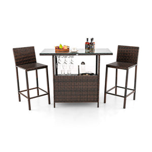 3 Pieces Outdoor Wicker Bar Set with 3 Rows Stemware Racks