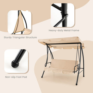 2-Seat Outdoor Convertible Swing Chair with Flat Bed and Adjustable Canopy-Beige