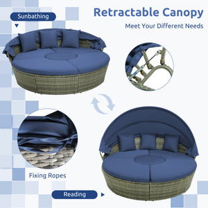 Outdoor PE Wicker Round Daybed with Retractable Canopy and Cushions-Navy