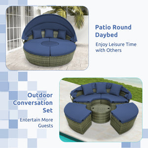 Outdoor PE Wicker Round Daybed with Retractable Canopy and Cushions-Navy