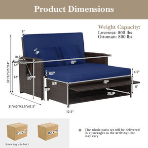 Patio Rattan Daybed with 4-Level Adjustable Backrest and Retractable Side Tray-Navy