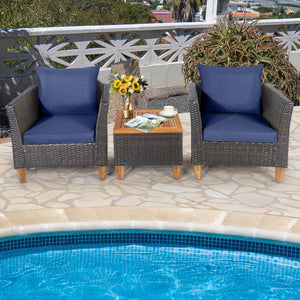 3 Pieces Patio Rattan Bistro Furniture Set with Wooden Table Top-Navy