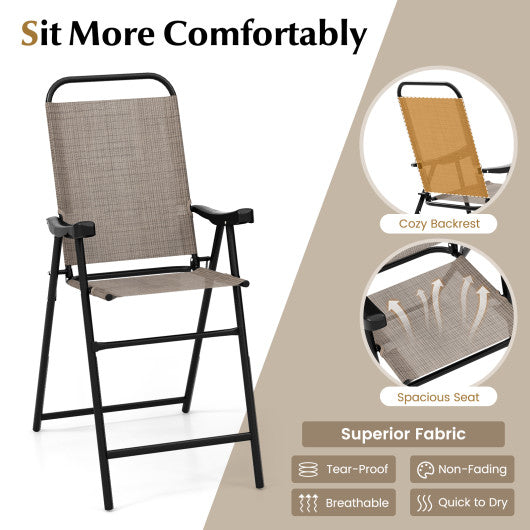 Patio Folding Bar Stool Set of 2 with Metal Frame and Footrest-Coffee