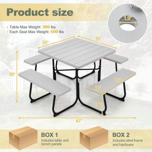 Outdoor Picnic Table with 4 Benches and Umbrella Hole-Gray