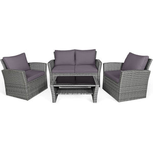4 Pieces Patio Rattan Furniture Set Sofa Table with Storage Shelf Cushion-Gray