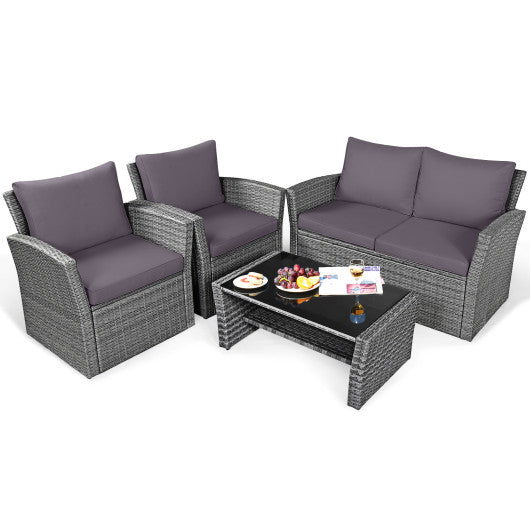 4 Pieces Patio Rattan Furniture Set Sofa Table with Storage Shelf Cushion-Gray