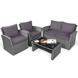 4 Pieces Patio Rattan Furniture Set Sofa Table with Storage Shelf Cushion-Gray